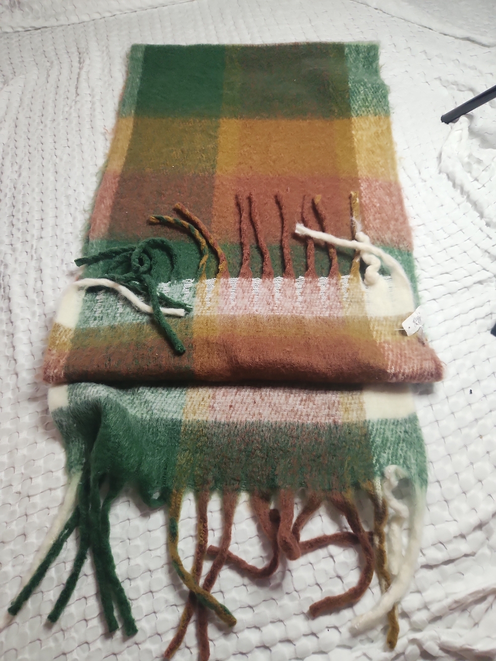 Cozy Plaid Fringe Scarf in Green, Brown & Cream